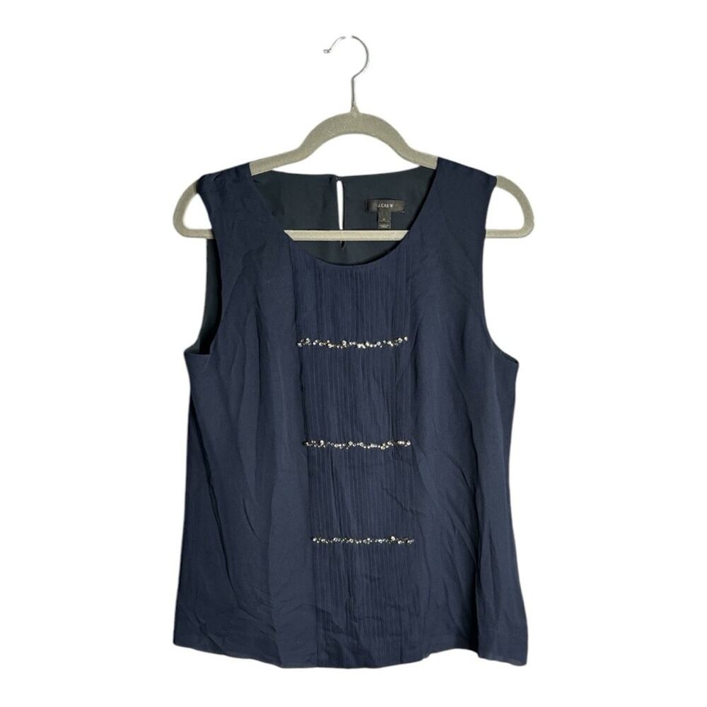 J. Crew Navy Blue Sleeveless Blouse Pleating and Rhinestones 6